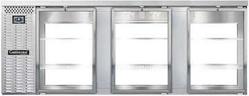 BBC90S-SS-GD-PT Three Section Glass Door Refrigerated Pass-Thru Back Bar Cooler, 90" W x 34-3/4"H, Stainless Steel Exterior & Shallow Depth