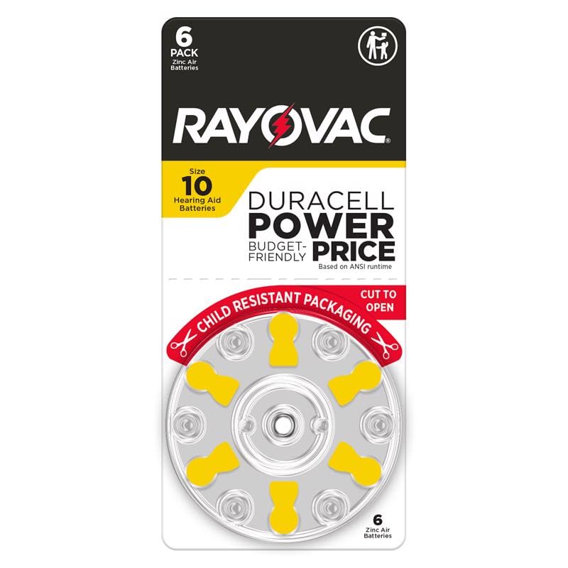Size 10 Hearing Aid Batteries (6 Pack) by Rayovac – Yellow, Pack of 6, Model E302395500