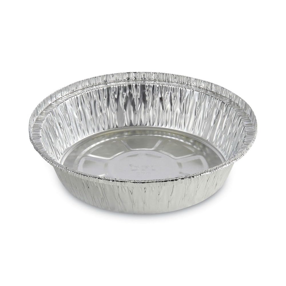 7 in. x 1.46 in. 24 oz. Round Aluminum to-Go Containers - Silver (500/Carton) by Boardwalk – 7 inches in diameter x 1.46 inches in height, 24.0 ounces, Aluminum, Model BWKROUND7