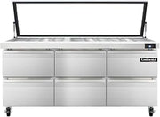 SW72-30M-HGL-D Mighty Top Sandwich Unit, 72" W, With 30 Pan Top Openings, Six Drawers & Hinged Glass Lid