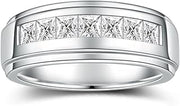 2.1 Carats 7 Stone Princess Cut Moissanite Rings for Men Women Moissanite Eternity Wedding Band Ring D Color VVS1 Moissanite Channel Set, Sterling Silver with 18K White Gold Plated Men Moissanite Ring