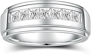 2.1 Carats 7 Stone Princess Cut Moissanite Rings for Men Women Moissanite Eternity Wedding Band Ring D Color VVS1 Moissanite Channel Set, Sterling Silver with 18K White Gold Plated Men Moissanite Ring
