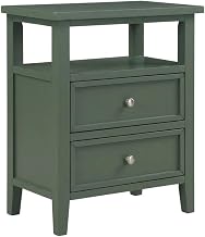 Furnifact Vintage Emerald Nightstand with 2 Drawers, Poplar and MDF Construction, Sturdy Storage Solution, Classic Design for Bedroom Organization and Decor