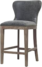 Furnifact PU-Upholstered Counter Stool with Wing Back and Nailhead Trim, Solid Beech Wood Legs, Kitchen Island Bar Stool Seat, Nubuck Charcoal