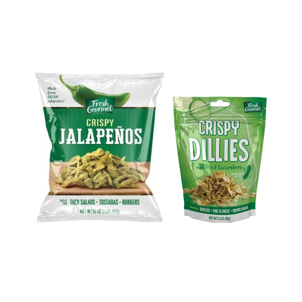 Variety Pack Salad Toppings (Crispy Dillies + Crispy Jalapenos) by Fresh Gourmet – 19.5 Ounce (Variety Pack)