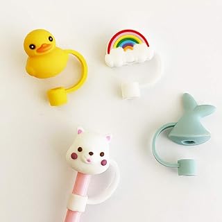 Silicone 4PCS Straw Tips Cover Reusable Drinking Straw Tips Lids/Plugs Anti-dust, Airtight Seal Splash Proof - for 6-8mm Straws (Duck/Alpaca/Fish Tail/Rainbow)