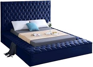 Starlight Canyon Home Fully Upholstered Velvet Platform Bed with Button-Tufted Headboard, Tufted Bed Frame for Bedroom, Navy Velvet, Queen