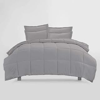 5 Pcs Box Stitched Comforter Set (1 Comforter +4 Pillowshams) with 4 Side Corner Tabs 100% Cotton, 500 GSM Fill Silver King/Cal King Size - All Season Durable Plush Baffle Box Comforter