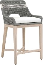 Gray Transitional Tapestry Outdoor Counter Stool, Teak Wood Frame, Powder-Coated Steel, Removable Foam Cushion, Outdoor-Rated Fabric