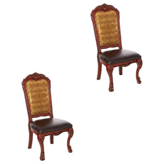 PU Leather-Upholstered Side Chair with Floral Fabric Back by Furnifact – Wood, Brown, Pack of 2
