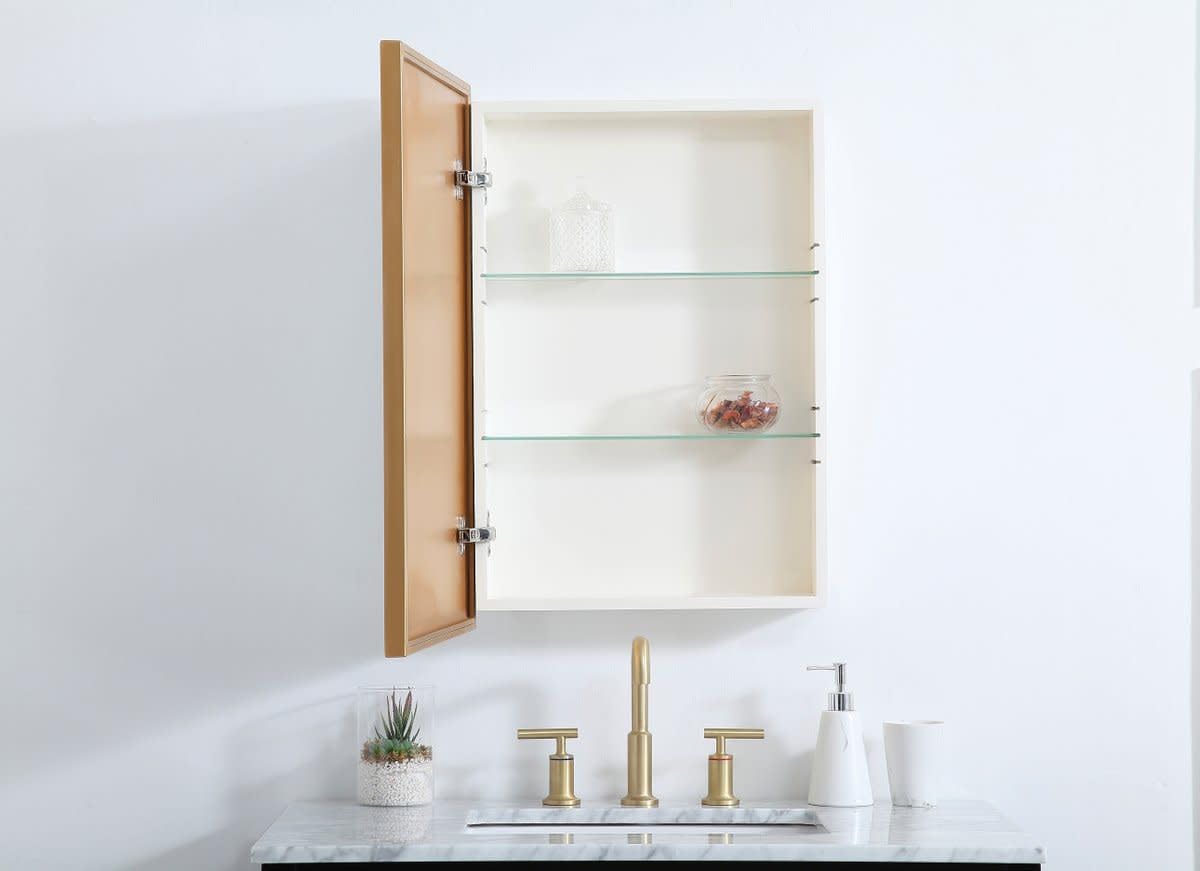 Wyn 20x28 Metal and MDF Mirror Medicine Cabinet in Brass by Elegant Decor – Small, Engineered Wood, Brass, Model MR572028BRS