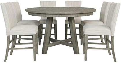 Starlight Canyon Home Solid Pine Distressed-Finish Counter Height Dining Table 7 Piece Set, Upholstered Farmhouse Kitchen Chairs, Driftwood Grey