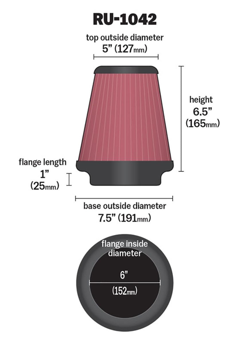 High-Flow Original Lifetime Universal Clamp-On Air Filter: High Performance by K&N – Cotton, Red, Model RU-1042