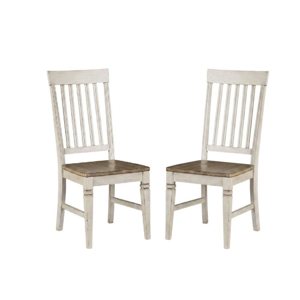 Beacon Smokey White & Peppercorn Slatback Side Chair with Wood Seating by Starlight Canyon Home – Asian Hardwood, Beige, Pack of 2
