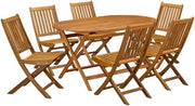 Wood Oil Finish 7-Piece Outdoor Table Set with 6 Folding Chairs, Slatted Back Design, Round Wood Table, Patio Furniture for Garden, Deck
