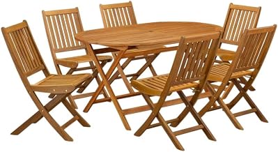 Wood Oil Finish 7-Piece Outdoor Table Set with 6 Folding Chairs, Slatted Back Design, Round Wood Table, Patio Furniture for Garden, Deck