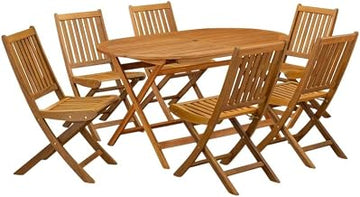Wood Oil Finish 7-Piece Outdoor Table Set with 6 Folding Chairs, Slatted Back Design, Round Wood Table, Patio Furniture for Garden, Deck