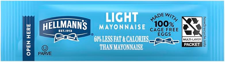 Hellmann's Light Mayonnaise Packets Single Serve, 0.38 Oz, 210 Pack | Made with 100% Cage Free Eggs, No Artificial Colors or Flavors, Easy Dispensing, for Catering, Burgers, Sandwiches & Dips