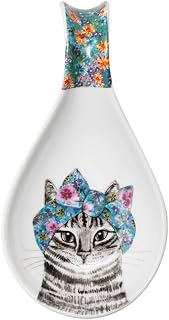 Mikasa Tipperleyhill Decorative Spoon Holder Porcelain Kitchen Utility, Illustrated Quirky Cat and Floral Design, Kitchen Improvement, Counter-Top, Table-Top Additions, Dishwasher Safe, 21 x 11 x 3cm
