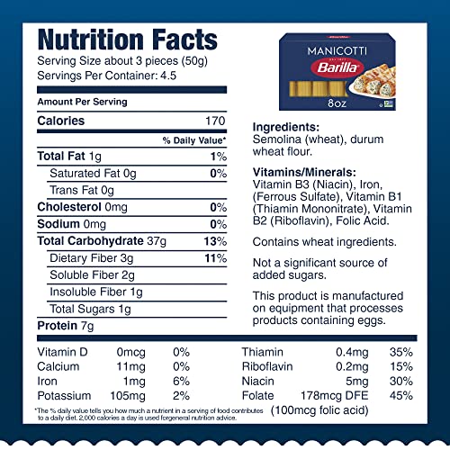 Barilla Manicotti / 8 Ounce (Pack of 12) / Manicotti Pasta, 8 oz (Pack of 12) Lasagna