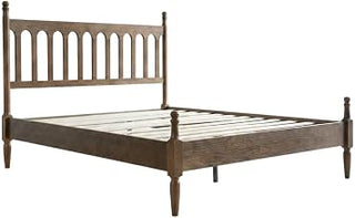 Furnifact Solid Wood Platform Bed Frame with Headboard, Farmhouse Rustic King Size Wooden Bed No Box Spring Needed, Barnwood