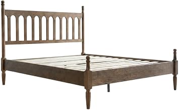 Furnifact Solid Wood Platform Bed Frame with Headboard, Farmhouse Rustic King Size Wooden Bed No Box Spring Needed, Barnwood