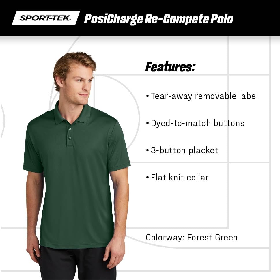 Unisex PosiCharge Re-Compete Polo | Short Sleeve Collared Shirt for Men & Women by SPORT-TEK – 3X-Large, Forest Green, Model ST725