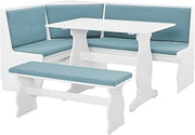 Furnifact Pine and MDF Dining Furniture Set with Fabric-Upholstered Bench, Coastal Corner Nook Banquette for Kitchen Breakfast Table, White