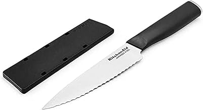 KitchenAid Classic Serrated Utility Knife with Custom Fit Blade Cover, 8 inch, Sharp Kitchen Knife, Japanese Stainless Steel Blade, Black