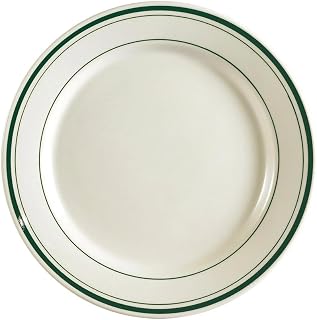 CAC China GS-16 10-1/2-Inch Greenbrier Green Band American Stoneware Round Plate, White, Box of 12