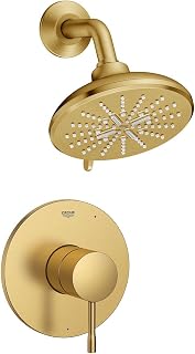 GROHE 102520GN00 Essence Rainshower SmartActive Shower Head with Shower Arm and Pressure Balance Valve Trim, Brushed Gold