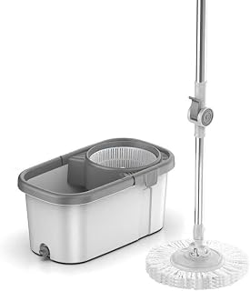B,Deep Clean Spin Mop & Bucket – 2 Super Absorbent Microfiber Mop Heads, Pedal Bucket, Splash Guard to Prevent Spraying,