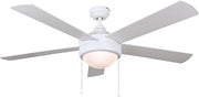 Canarm Preston III 52-Inch Ceiling Fan – All White Finish with 5 Matching Blades, Integrated Light Kit with Flat Opal Glass Shade and Bulbs, Pull Chain, Downrod Mount, Modern Classic Design