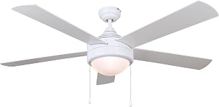 Canarm Preston III 52-Inch Ceiling Fan – All White Finish with 5 Matching Blades, Integrated Light Kit with Flat Opal Glass Shade and Bulbs, Pull Chain, Downrod Mount, Modern Classic Design