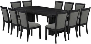 Furnifact Solid Wood Dining Room Table with Upholstered Chairs 13 Piece Set, Rectangular Kitchen Table Set for 12, Wire Brushed Black
