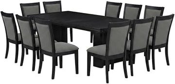 Furnifact Solid Wood Dining Room Table with Upholstered Chairs 13 Piece Set, Rectangular Kitchen Table Set for 12, Wire Brushed Black