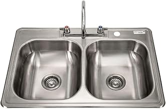 BK Resources NSF Commercial Two Compartment Drop in Restaurant Sink, 14"x16"x6", with Faucet, Heavy 23 Gauge T-304 Stainless Steel, Top Mount, Seamless Deep Drawn Construction