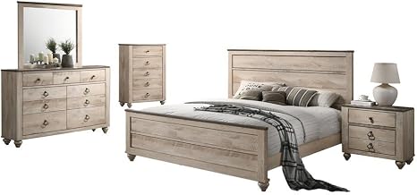 Furnifact Wood Veneer Queen Bedroom Furniture Set with Dresser, Mirror, Nightstand and Chest, Contemporary Bedroom Furniture Suites, Grey
