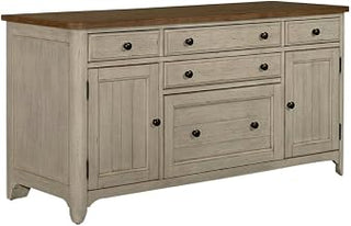 Antique White Farmhouse Credenza, Chestnut Top, Pine Solids, Hickory Veneers, Spacious Storage and Durable Wood Build