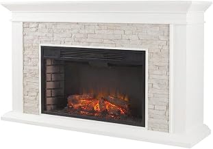 FurniFact Faux Stone Electric Fireplace with Mantel, LED Flame Heater with Remote Control, Crown Molding for Living Room or Bedroom