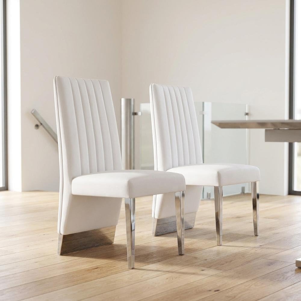 Vegan Leather-Upholstered Dining Chairs Set of by Starlight Canyon Home – Faux Leather, White Vegan Leather/Chrome, Pack of 2