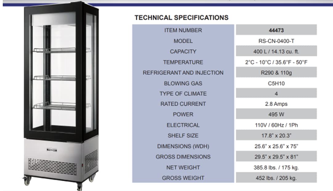 GLASS DOOR REFRIGERATOR DISPLAY CASE WITH 400 L CAPACITY by Omcan – 400.0 liters, Glass, stainless steel, black, Model 44473