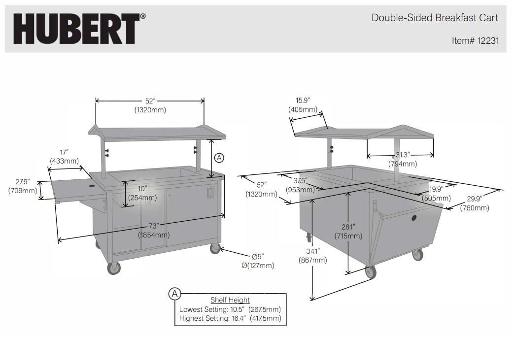 Commercial Stainless Steel Double Sided Mobile Breakfast Cart for Schools by HUBERT – Double Sided, Stainless Steel, Silver, Model BRC-3056SS