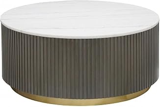 Furnifact White and Charcoal Round Coffee Table Jason Marble Top Contemporary Design Durable Wood Finish Stylish Living Room Accent