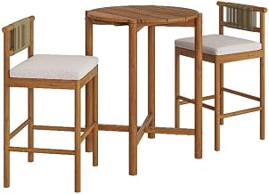 Modway Eleni 3-Piece Outdoor Teak Wood Bar Set in Natural Sail – 35 Inch Round Patio Bar Table with 2 Bar Chairs