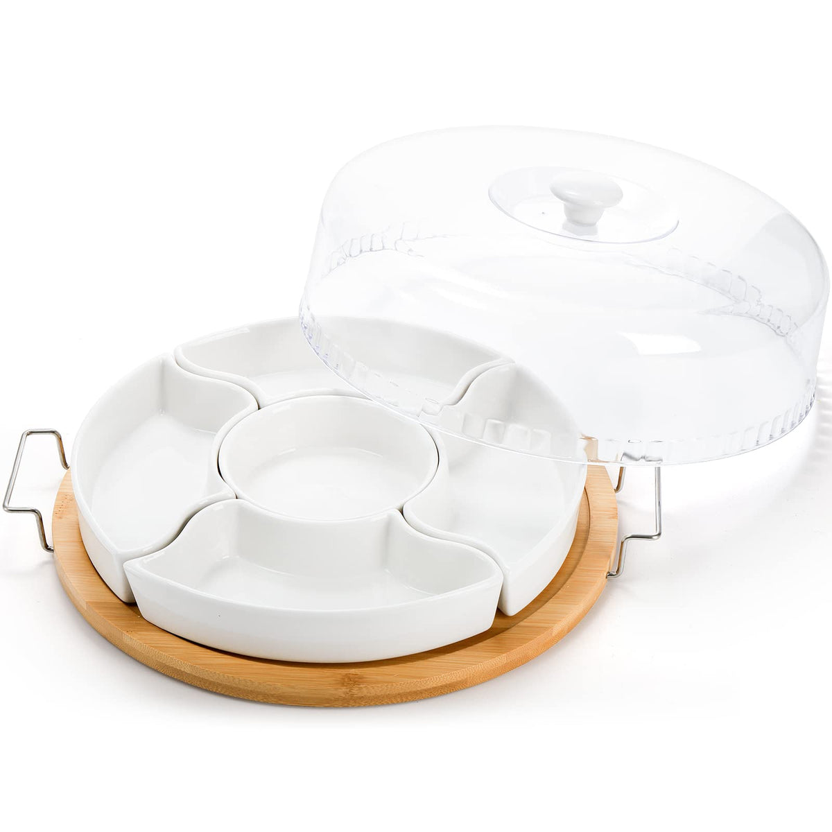Yarlung Ceramic Divided Appetizer Tray, 11 Inch Bamboo Platter with Handles and Lid, White