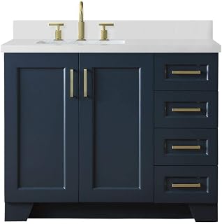 ARIEL Taylor 42-inch Bathroom Vanity with Sink,Solid Wood, 1.5-inch Pure White Quartz Countertop, Single Rectangular Porcelain Sink, 2 Soft Closing Doors, 5 Dovetail Drawers, Midnight Blue