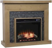 FurniFact Fir Veneer Electric Fireplace with Faux Stone Surround, Touch Screen Remote Control Freestanding Heater for Living Room or Den