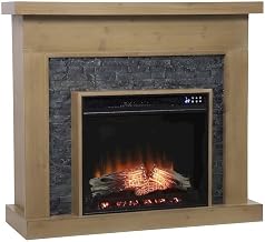 FurniFact Fir Veneer Electric Fireplace with Faux Stone Surround, Touch Screen Remote Control Freestanding Heater for Living Room or Den