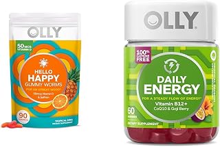 OLLY Hello Happy Gummy Worms Mood Balance Support with Vitamin D, Saffron - 90 Count and Daily Energy Gummy with Vitamin B12, CoQ10, Goji Berry - 60 Count